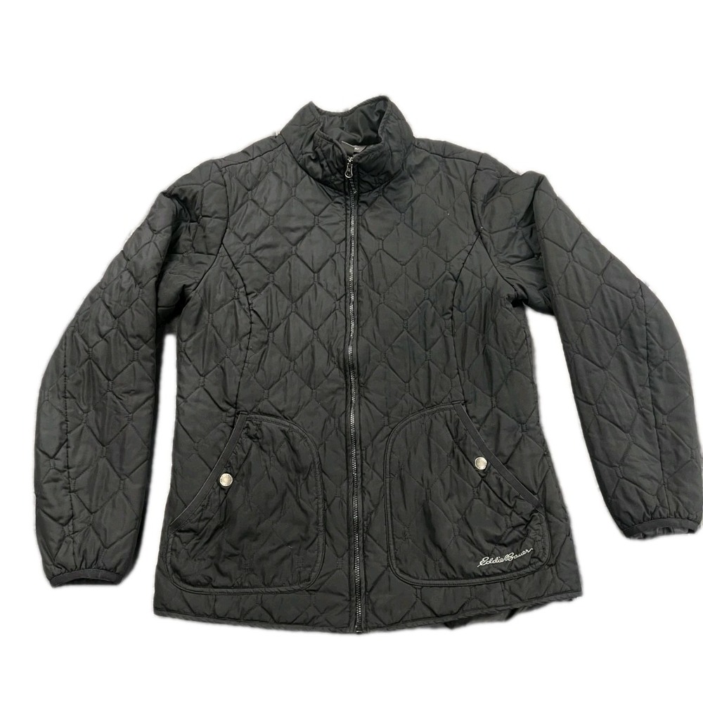 Eddie Bauer Year Round Puffer Jacket Women Medium Black Quilted Adjustable Waist